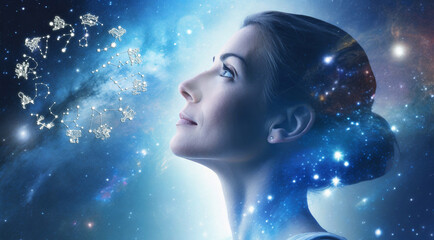 zodiac signs with stars constellations and woman looking up to horoscope like astrology concept  