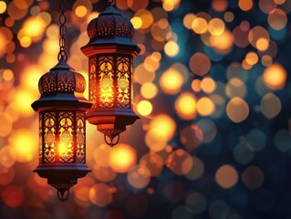 Fototapeta na wymiar Ramadan traditional lamps on abstract glow bokeh background ramadan lantern of muslim festive 