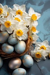 Fototapeta na wymiar Easter eggs with spring flowers. Festive background, greeting card idea
