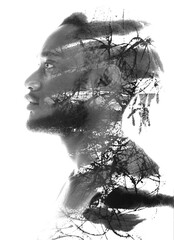 A black and white abstract paintography profile double exposure portrait