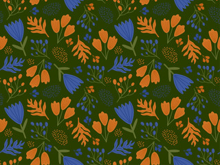Floral seamless pattern on a green background. Beautiful collection of seamless patterns with roses, leaves, flower bouquets, floral arrangements. Print for wallpaper, cover for laptops.