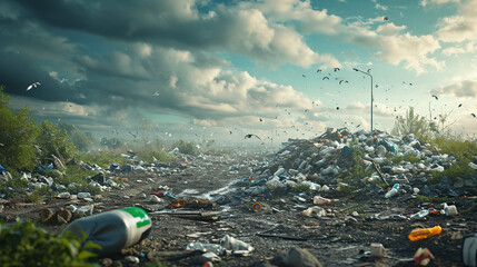 Front view of a land filled with garbage. Zero waste, sustainable, environment concept. Landscape image. For International Day of Zero Waste, design, poster, banner, print, flyer - obrazy, fototapety, plakaty