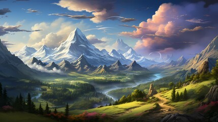 A top view of a vibrant rainbow arching over a majestic mountain range, with fluffy clouds hugging the peaks, evoking a sense of awe and wonder in the natural beauty of the landscape
