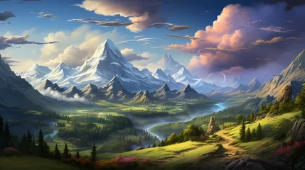 Türaufkleber Lavendel A top view of a vibrant rainbow arching over a majestic mountain range, with fluffy clouds hugging the peaks, evoking a sense of awe and wonder in the natural beauty of the landscape