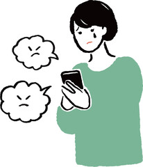 スマホを見て不安な女性のイラスト