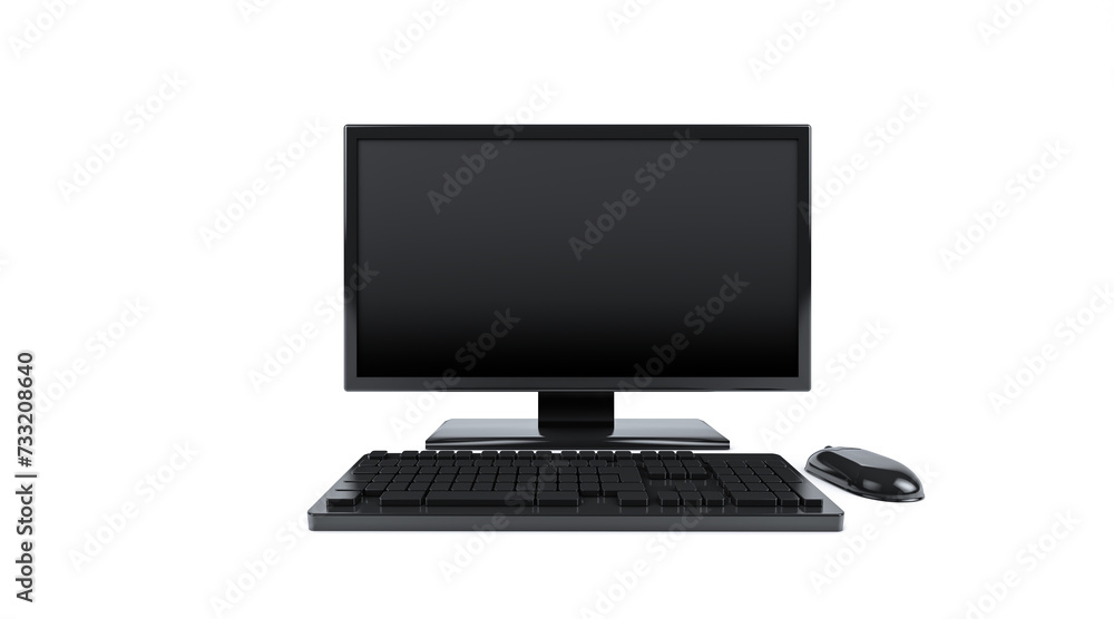Poster 3d rendering, close up realistic black computer desktop set, technology and internet equipment mock 