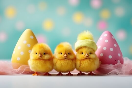 Cute handmade Easter holiday with eggs, bunny, chicks, and party hats.