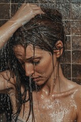 Hair Care Routine: Woman Showering, Washing Hair, Personal Hygiene, Refreshing Shower, Hair Care, Cleanliness, Water Droplets, Showering Ritual, Daily Routine, Personal Grooming
