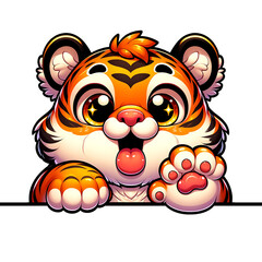 Naklejka premium Tiger peeking, animal cartoon design. PNG Transparent isolated background