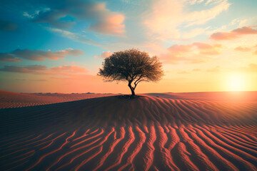 3d render of lonely tree in the desert at sunset time. Loneliness and solitude concepts.