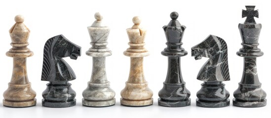 Set marble stone chess pieces collections on white background. Generated AI image