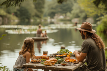 A family enjoying a picnic by a picturesque lake in summer