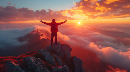 Silhouette Victorious male person standing on mountain, Positive man celebrating, success 