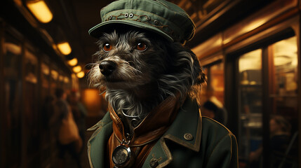 Anthropomorphic dog in the form of a conductor works as a conductor on a train - obrazy, fototapety, plakaty