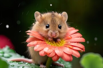 A little fat field mouse nibbles on a flower. - obrazy, fototapety, plakaty