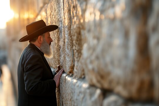 Orthodox Jew Wearing a Kippah Praying at Wailing Western Wall in Jerusalem, Israel, Old Town