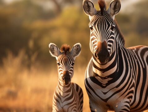 A photograph captures the emotional atmosphere as a zebra and her baby navigate the untamed wilderness. Perfect for social media, art prints, greeting cards, wallpapers, backgrounds and much more
