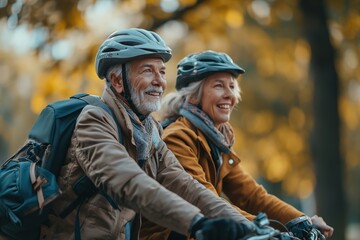 Fototapeta premium An older couple enjoys a leisurely bike ride amidst the scenic beauty of nature, embracing the joys of companionship and the outdoors.