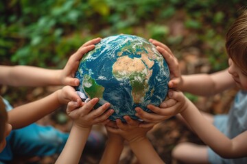 Children hug the earth globe with their hands. Earth Day concept