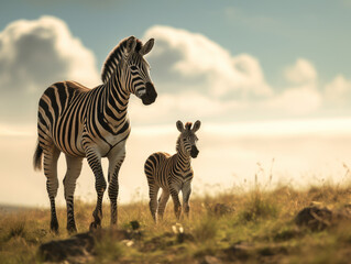 Naklejka premium A photograph captures the emotional atmosphere as a zebra and her baby navigate the untamed wilderness. Perfect for social media, art prints, greeting cards, wallpapers, backgrounds and much more