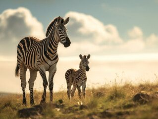 A photograph captures the emotional atmosphere as a zebra and her baby navigate the untamed wilderness. Perfect for social media, art prints, greeting cards, wallpapers, backgrounds and much more