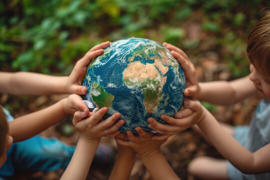Children hug the earth globe with their hands. Earth Day concept