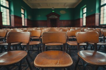 Empty Classroom. Classroom Interior Vintage Wooden Lecture Wooden Chairs and Desks