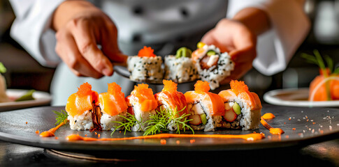 Chef Preparing a Plate of Japanese Sushi Rolls with Delicate Garnishes
