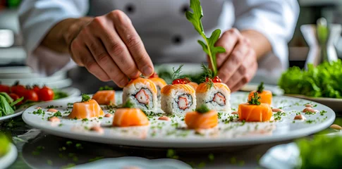 Fotobehang Japanese Sushi Rolls Artfully Arranged and Garnished by Chef on White Plate  © Infini Craft