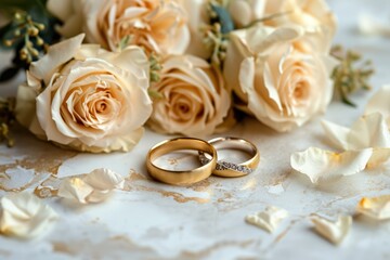 Two wedding rings and bouquet of roses