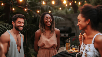 multiethnic friends in backyard in a charming outdoor setting with a grill