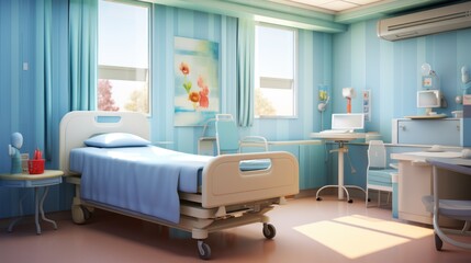 Hospital interior in a recovery or children's inpatient room with a bed and amenities