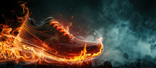 Dramatic view a burning sport shoe with fire flames with smoke on black background. Generative AI