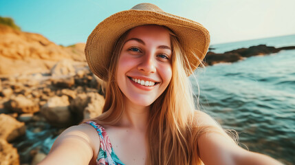 Young happy blonde girl making selfie on the rocks by the sea