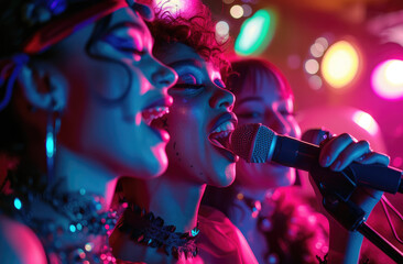 happy friends sing karaoke in a club