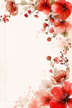 Red flowers on white background in a creative arts frame. Greetings card, banner, cover, invitation