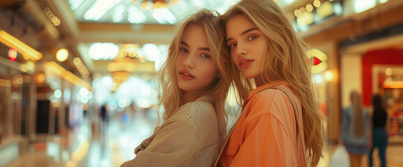 two young woman posing in a shopping mall