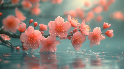 Blisko zdjęcie gałązki drzewa z różowymi kwiatami nad wodą - obrazy, fototapety, plakaty