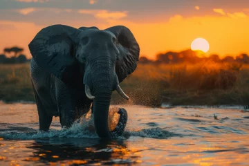 Fototapete Kilimandscharo Elephants walking through a puddle of water
