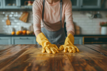 Woman in rubber gloves dusting wooden table, kitchen room interior