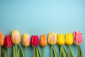 a flat lay colorful bouquet of tulips on a blue background with copy space.