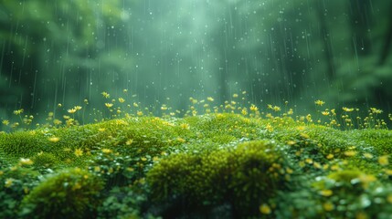 Gęsty deszcz pada na bujne zielone runo leśny, w tle ledwo widoczny las i drzewa - obrazy, fototapety, plakaty