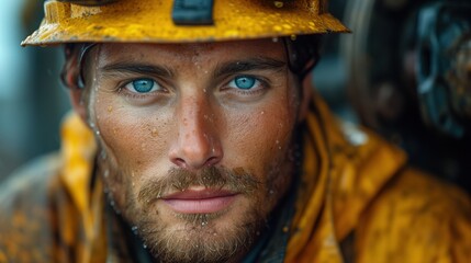 Przystojny robotnik z niebieskimi oczami i żółtym stroju ochronnym i kasku. W tle rura ze śrubami - obrazy, fototapety, plakaty