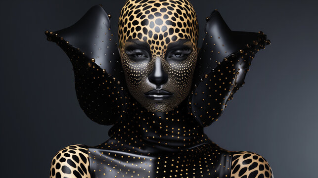 Fashion portrait of a cat girl in a leopard print suit with a full frontal view on a black background.