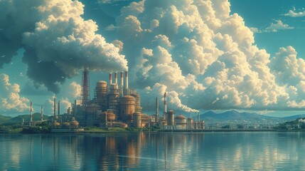 Fabryka z chmurą białego dymu nad wodą, piękna sceneria - obrazy, fototapety, plakaty