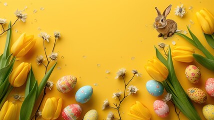 Obraz na płótnie CanvasEaster flat lay with yellow tulips colorful easter eggs and bunnies decoration on yellow background top view copy space, generative ai