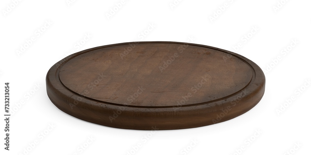 Poster rustic empty round wooden cutting or chopping board on white background angled front view