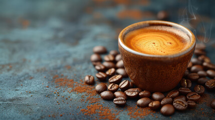 Espresso coffee cup With coffee beans on a vintage table ,Copy space.