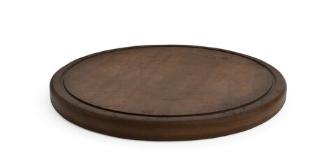 Rustic empty round wooden cutting or chopping board on white background angled front view