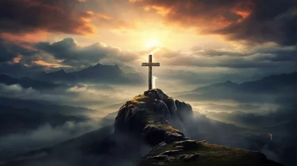 Fotobehang Holy cross symbolizing the death and resurrection of jesus christ with dramatic sky view © gfxsunny